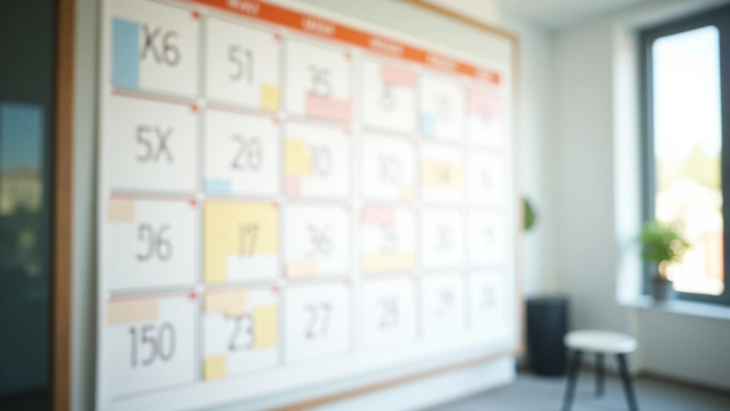 Calendrier annuel sur un mur montrant les mois importants surlignés en couleurs différentes