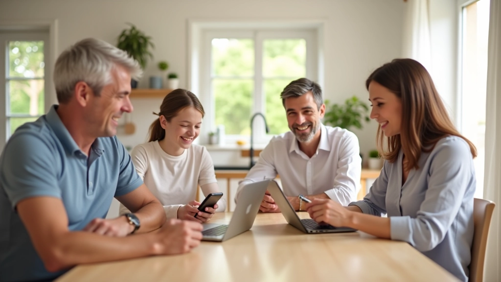 Family of four working and studying together at home using multiple devices simultaneously