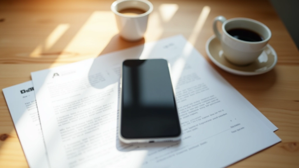 Téléphone mobile moderne posé sur un bureau avec des documents de contrats télécom