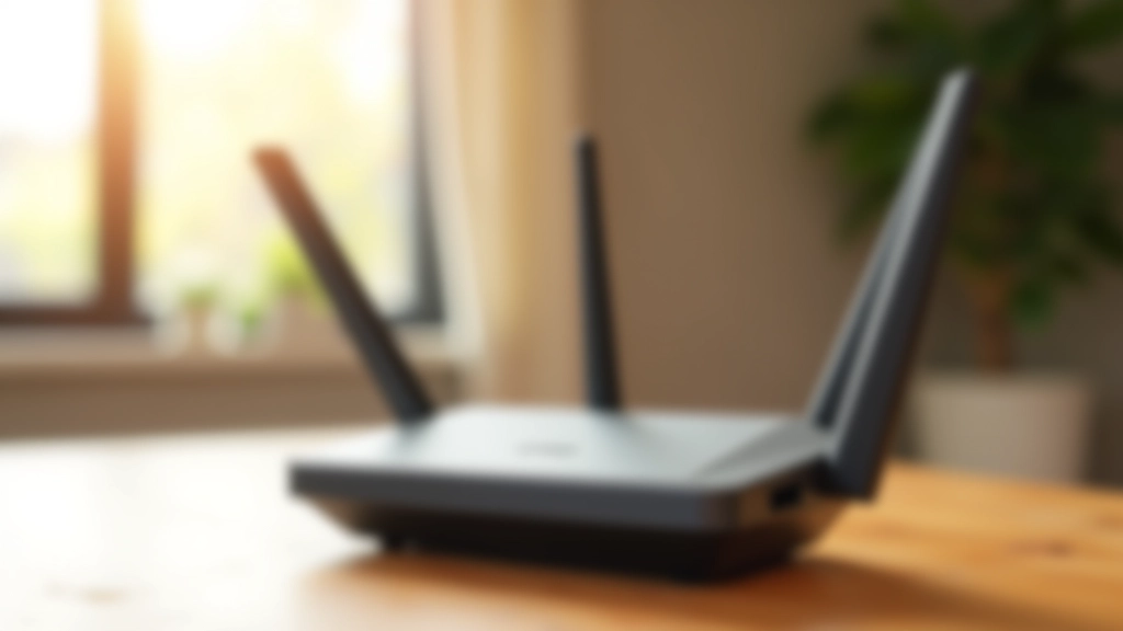 Modern WiFi router with antennas displayed on a desk in a contemporary living room setting