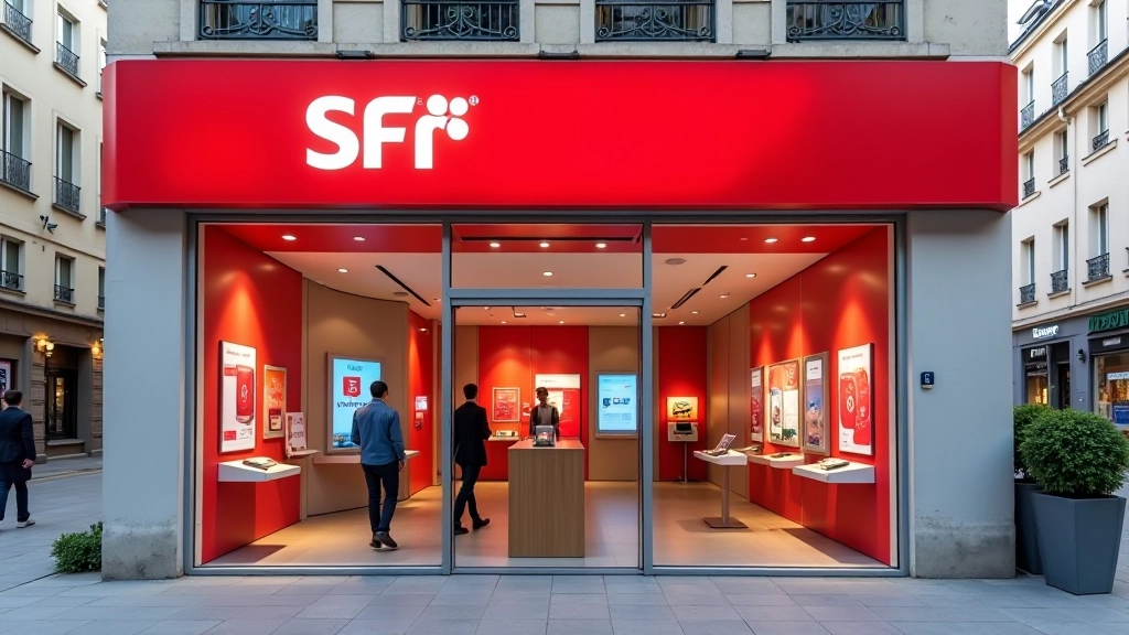 Affichage du logo SFR sur une façade de magasin avec des vitrines attractives