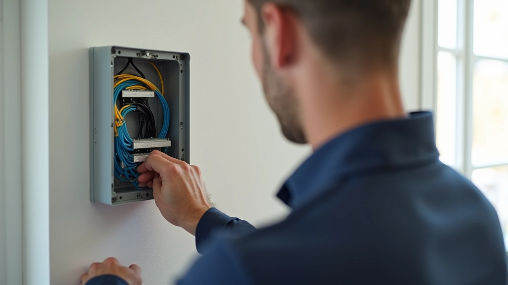 Technician installing fiber optic cables into a white fiber optic box mounted on a residential wall